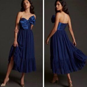NWT Hutch Anthropologie Navy Blue Bow Tie Midi Dress Strapless Polka Dot Size 4